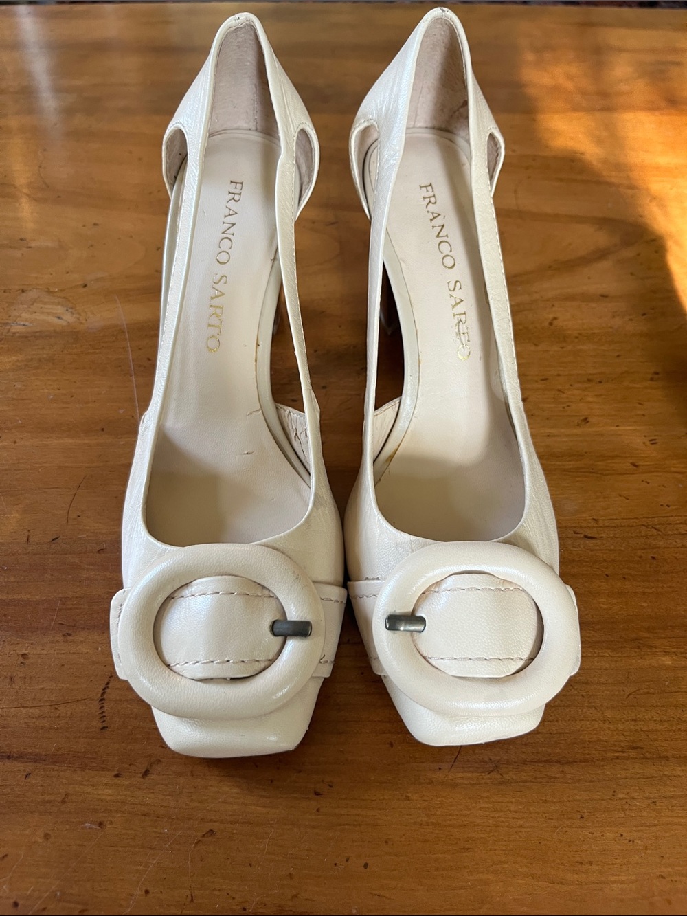 Franco Sarto Ivory Leather Buckle Heels